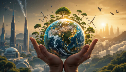 "A futuristic and eco-friendly vision of Earth cradled in human hands, symbolizing sustainability and technological advancement. 
