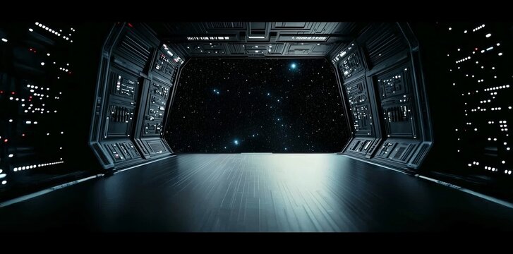 A corridor in a sci-fi environment featuring a 3D view of a space galaxy