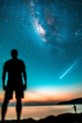 Obraz premium A man is standing beside calm water, gazing up at the Milky Way stars in the sky, with their reflections mirrored in the water