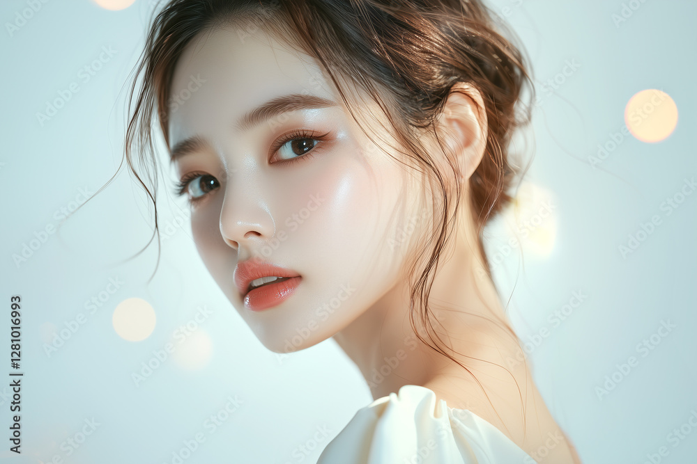 Poster 美肌の若くて可愛いアジア女性モデルの煌びやかな美容ポートレート｜背景あり