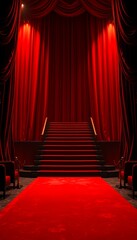 Fototapeta premium Red Carpet Stairway Under Dramatic Theatre Curtains