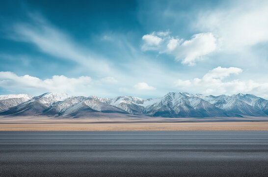A wide, flat expanse of land with snow-capped mountains in the background, a blue sky, and white clouds
