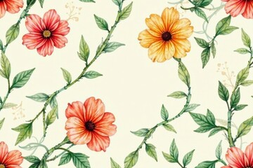 Beige watercolor floral seamless pattern, green vines , greeting, card