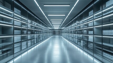 A futuristic storage corridor lined with illuminated shelves, showcasing a modern, organized, and sleek design.