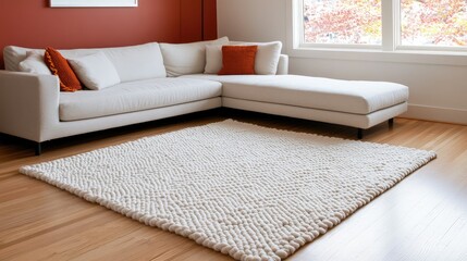 Cozy living room showcases a beautifully woven beige geometric rug with white lines, complemented by a stylish sofa and fresh flowers