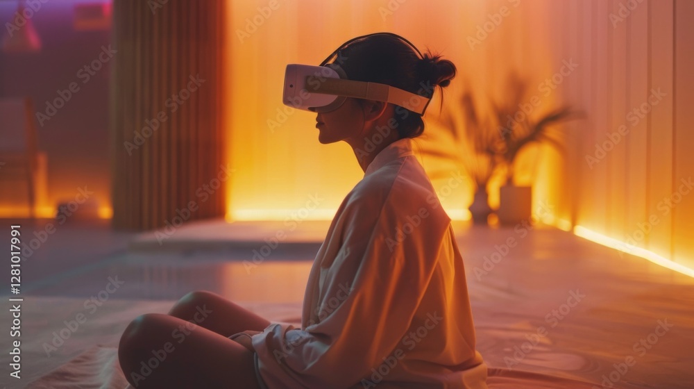 Poster A person wearing a virtual reality headset sits cross legged in a calming environment. Soft ambient lighting and a serene atmosphere enhance the focus on mental wellness through digital therapy.