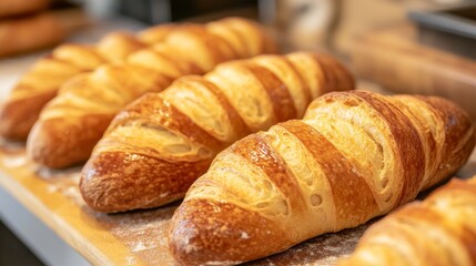 Freshly baked golden croissants on display in a bakery setting
