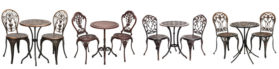 Elegant and Decorative Wrought Iron Outdoor Furniture Set including Table and Chairs in a Vintage and Ornate Style Perfect for a Charming Garden Patio or Courtyard Setting