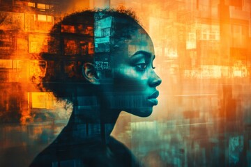 Woman merging with abstract architectural background in double exposure effect