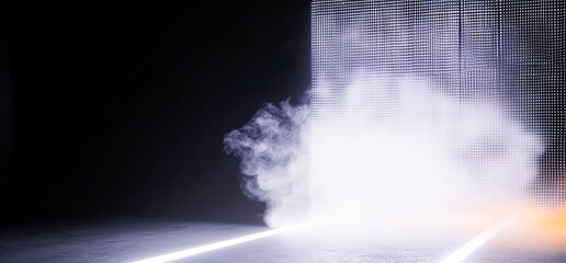 Obraz premium A 3D rendering of an empty underground parking garage with a dark neon laser smoke fog and orange glowing fluorescent ambiance on a concrete reflective grunge background for a car showcase