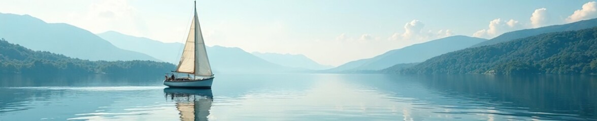 Fototapeta premium Sailing boat on the calm surface of a peaceful lake, nautical, marina