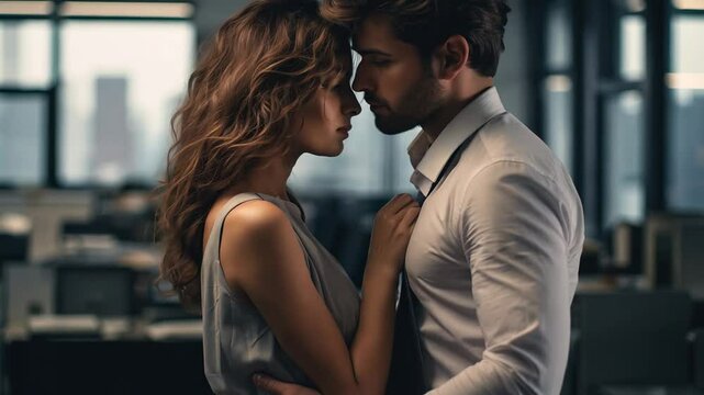 A passionate couple in an intimate embrace in a modern office setting. The woman gently holds the man's tie while they gaze deeply into each other's eyes, creating a romantic and emotional atmosphere