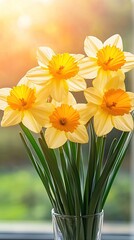Bright daffodils arranged in a clear vase bring color to a modern living room featuring a comfy grey sofa and soft lighting