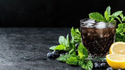 Blueberry mint iced drink, dark background, summer refreshment
