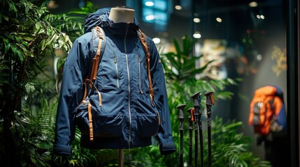Blue Hiking Jacket With Backpack And Trekking Poles Displayed