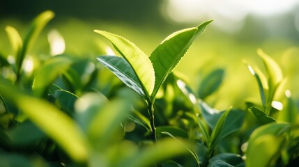 Obraz premium Lush green tea plant in sunlight with vibrant leaves in a serene field