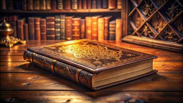 Dusty old leather bound book with golden accents and intricate filigree on a wooden study table , books, desk, books