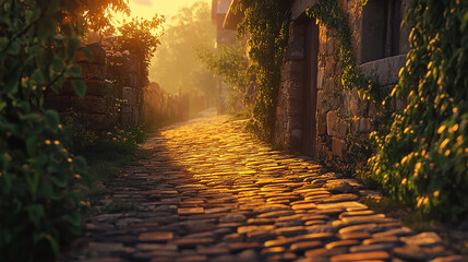 A rustic cobblestone path made of old bricks, glowing