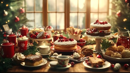 Fototapeta premium Festive Christmas Dessert Table with Cakes and Pastries Display