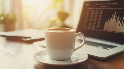 Obraz premium Morning coffee cup with laptop displaying financial charts in warm light