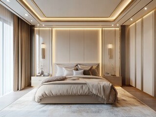 A luxurious and modern bedroom with beautiful lighting