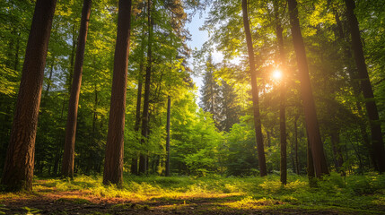 Obraz premium Dappled sunlight rays cascade through the dense canopy of a vibrant forest. The rich greens of foliage and towering trees create a serene atmosphere, symbolizing sustainability and harmony