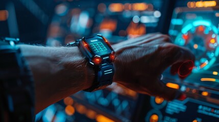 A person interacts with a high tech interface while wearing a digital therapy device. The setting is illuminated with vibrant colors, promoting mindfulness and mental health.
