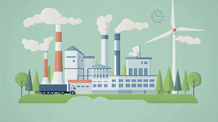 Fototapeta premium Flat Vector Illustration of an Industrial Plant with Smokestacks and Trees