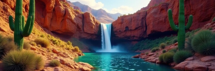 Dramatic desert waterfall, towering cacti framing water, rocks, image, wildlife