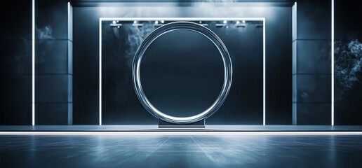 A modern alien-themed dance club's futuristic triangle arc gate, adorned with neon lasers in Pantone purple, violet, and orange, appears in a smoke-filled 3D rendering of a concrete corridor,