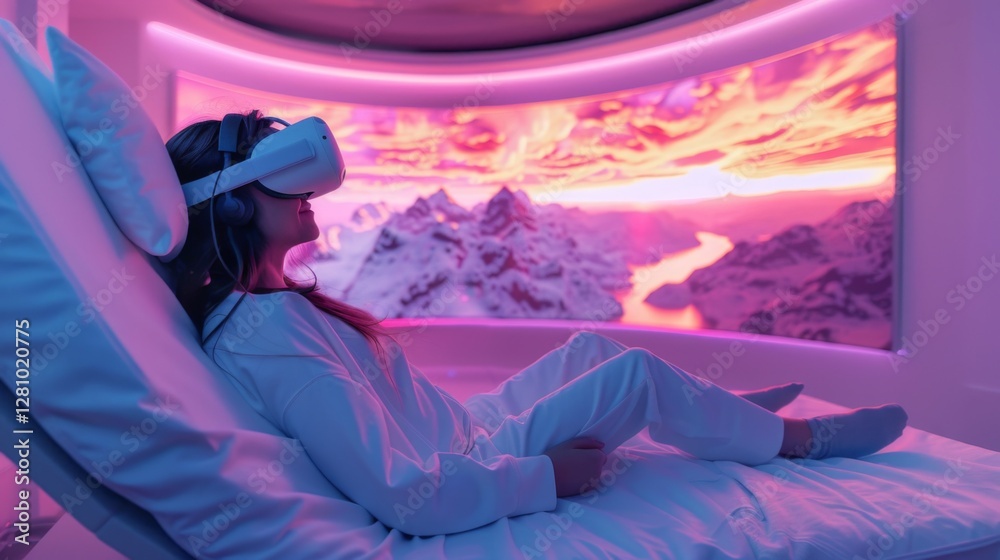 Poster a person relaxes in a comfortable space while using virtual reality technology to engage in a mindfu