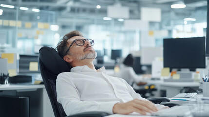 man resting in office chair, eyes closed, in modern workspace. atmosphere is calm and relaxed, with computers and office supplies in background