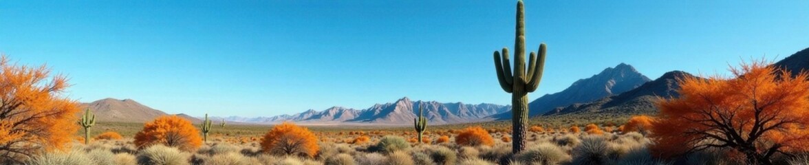 Majestic saguaro, fiery orange blossoms against clear blue sky , dry, southwest, landscape