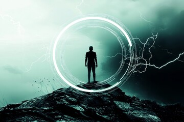 In the conceptual 3D illustration titled Hostile Arrival, a spaceman arrives on the surface of a planet during a storm