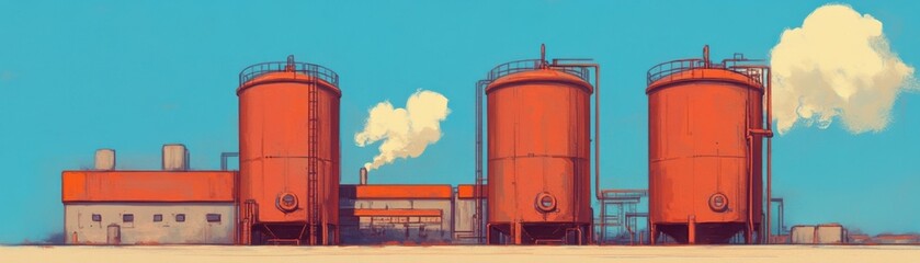Obraz premium A vibrant illustration of three large red storage tanks with smoke rising, set against a clear blue sky, depicting an industrial scene.