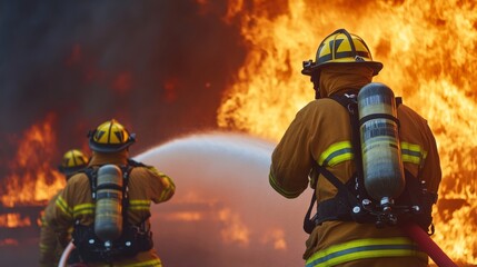 Fototapeta premium Two male firefighters battling intense blaze with hoses and protective gear