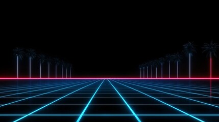 Fototapeta premium A retro futuristic sci-fi backdrop from the 80s, complete with a retrowave VJ videogame landscape featuring neon lights and low poly terrain grid