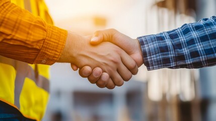 Two adults shaking hands in business agreement outdoors