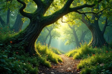 Twisted branches arch over mossy path, sunlight filters through dense foliage , adventure, lush
