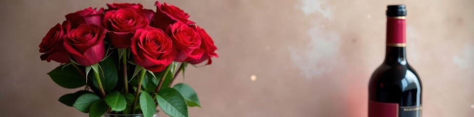 A dozen red roses in a vase next to a bottle of red wine , celebration, valentines day