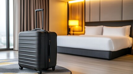 A modern hotel room features a black suitcase by the bed, complemented by soft yellow lamps, creating a warm and inviting atmosphere