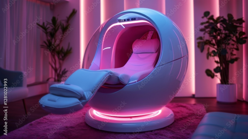 Aufkleber a unique therapy pod features a sleek design with soft pink lighting, inviting users to experience m