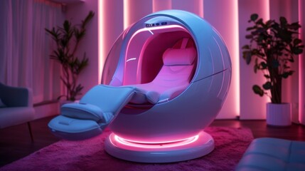 A unique therapy pod features a sleek design with soft pink lighting, inviting users to experience mindfulness and telemedicine services in a tranquil setting.
