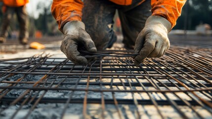 Construction worker assembling rebar framework on site with focused hands in gloves
