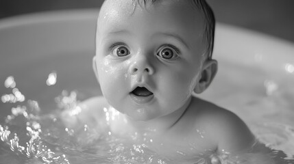 With wide eyes full of wonder, a baby floats gently in a warm bath. Tiny droplets shimmer around them as they explore the joy of water, captivated by the light above