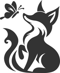 A fox with a butterfly landing on its nose animal vector silhouette