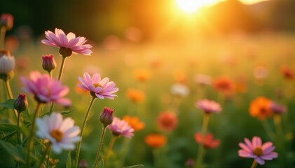 Golden hour, blurred wildflowers, dreamy summer scene, summer, golden, picturesque