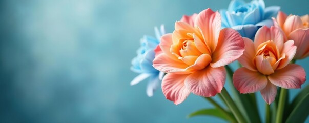 Fototapeta premium Soft focus reveals orange and blue frosted flower blooms in a vase, pastel colors, spring blooms