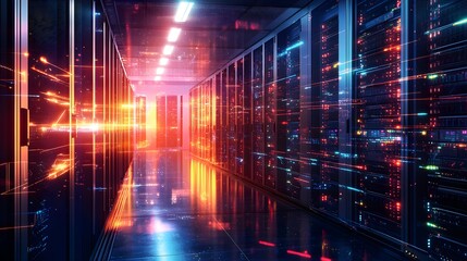 Fototapeta premium Futuristic Data Center with Bright Lights and Storage Shelves