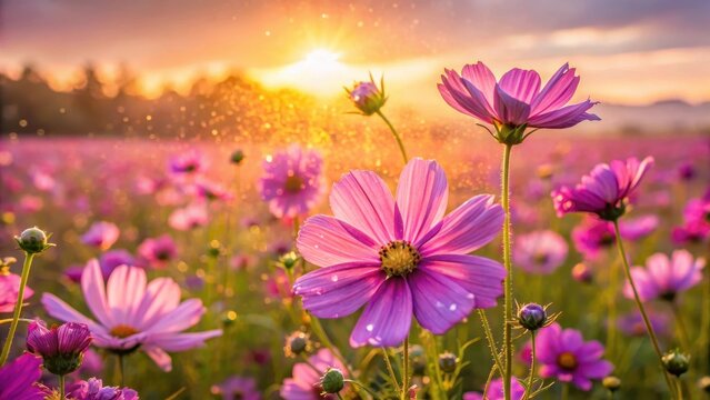 cosmos flower field at sunrise with vibrant purple flowers and a warm golden light